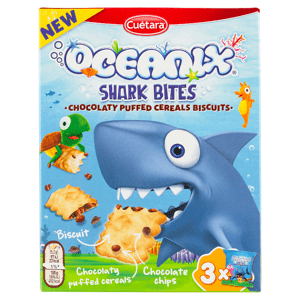 Cuétara Oceanix Shark Bites sušenky s čokoládovými lupínky a čokoládovými burizony 150g