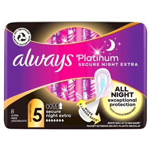 Always Platinum Secure Night Extra Hygienické Vložky S Křidélky 8 ks