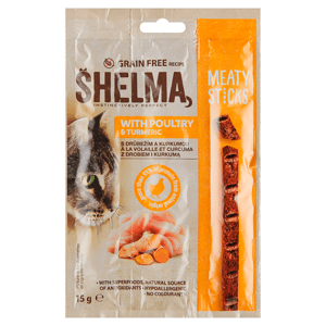Shelma Bezobilné tyčinky pro kočky s drůbežím a kurkumou 15g